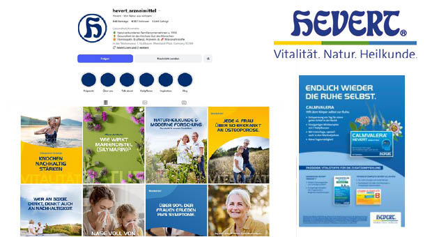 Hevert schärft seine Markenpositionierung - Die weiterentwickelte Corporate Identity von Hevert zeigt sich unter anderem in Social Media (l.) und Fachanzeigen (r.). Das Logo wurde um die drei Kernbegriffe der Marke ergänzt (o.) – Quelle: Hevert