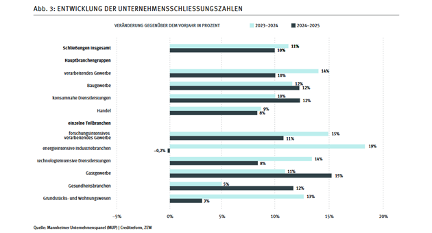 Unternehmensschließungen nehmen zu, Anpassungsdruck steigt - Quelle: Mannheimer Unternehmenspanel (MUP)/Creditreform, ZEW